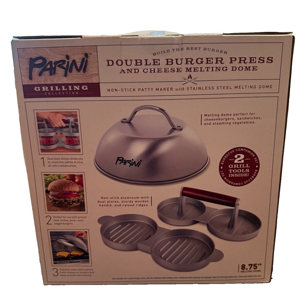 Double Non-Stick Burger Press & Cheese Melting Dome 8.75" NEW IN BOX Parini - Picture 2 of 6